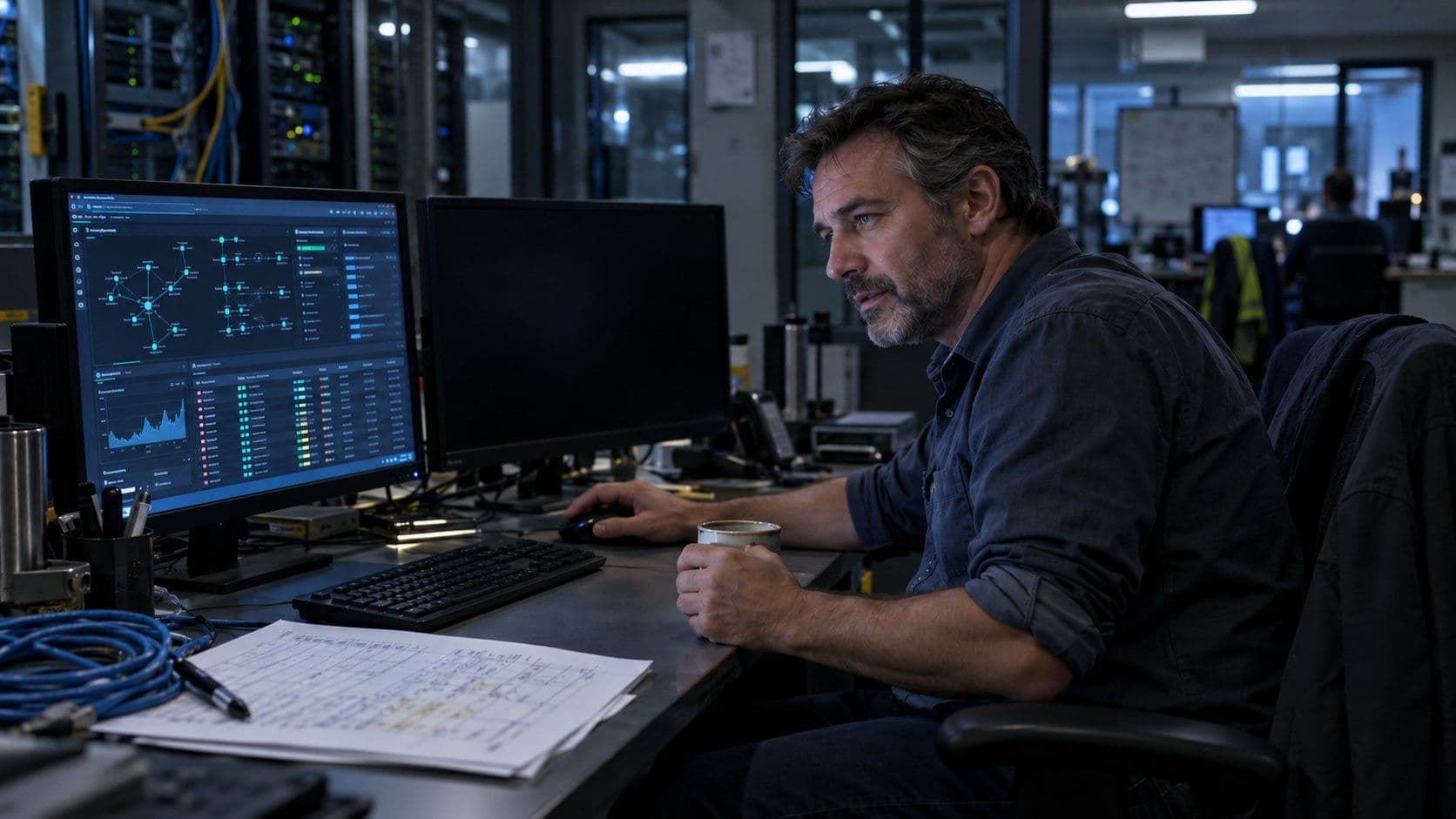 A network operations specialist at a two-monitor workstation in an ISP back office, hand resting on the mouse while weighing what is on the screen.