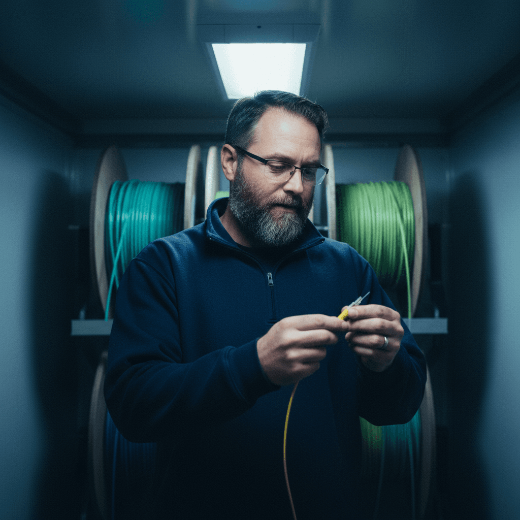 Documentary portrait of a fiber owner (Mid-build, Manitoba)