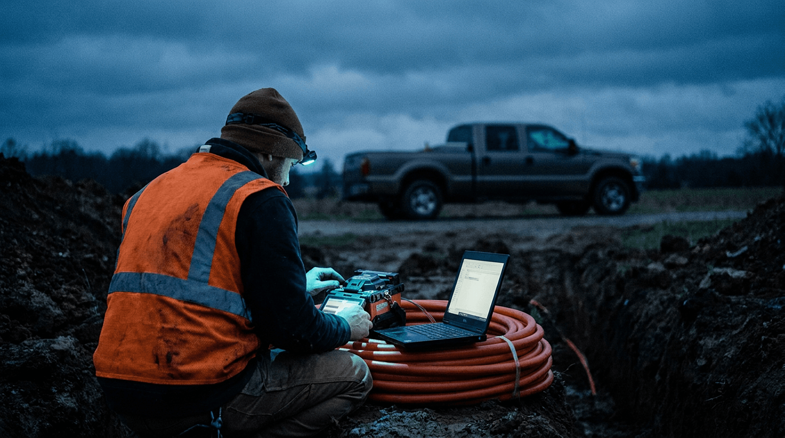 A field technician installing fiber at dusk with a laptop, headlamp, and pickup truck