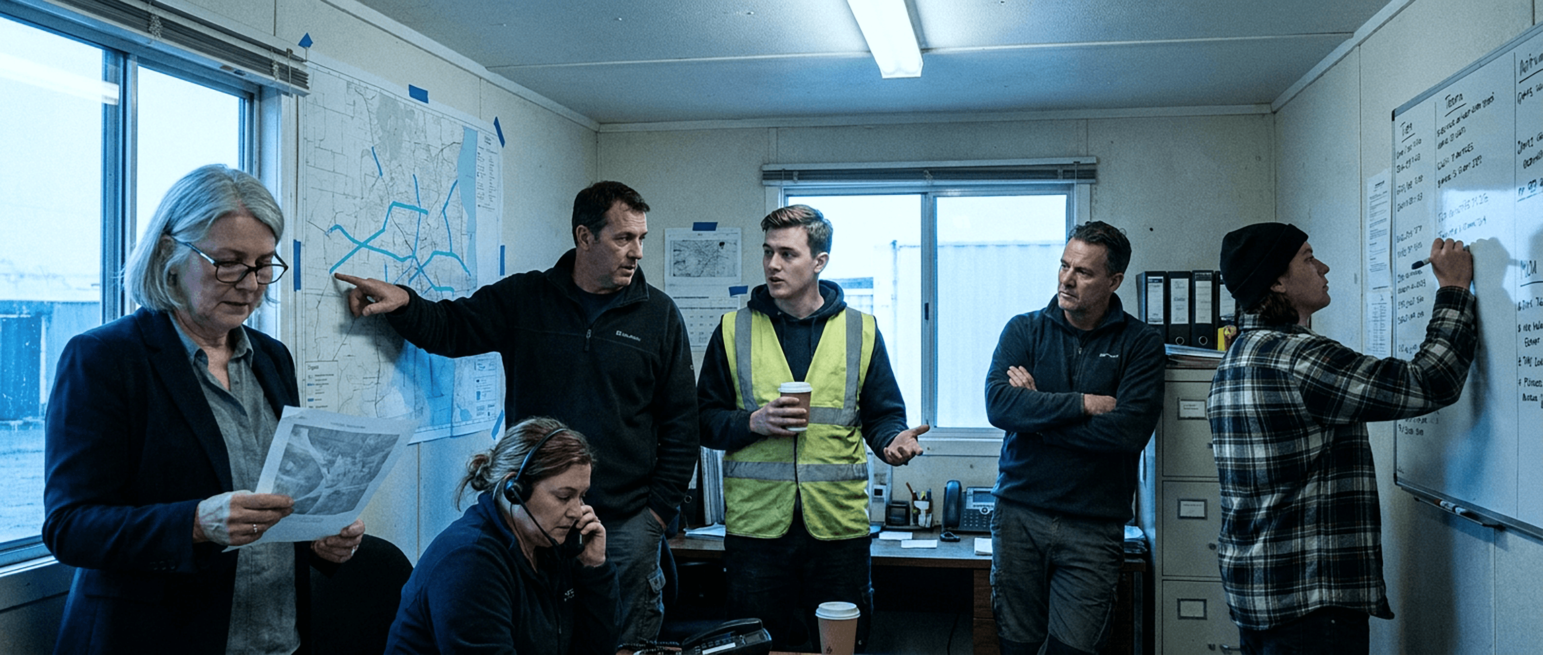 An ISP morning standup inside a modest office trailer, six people mid-conversation