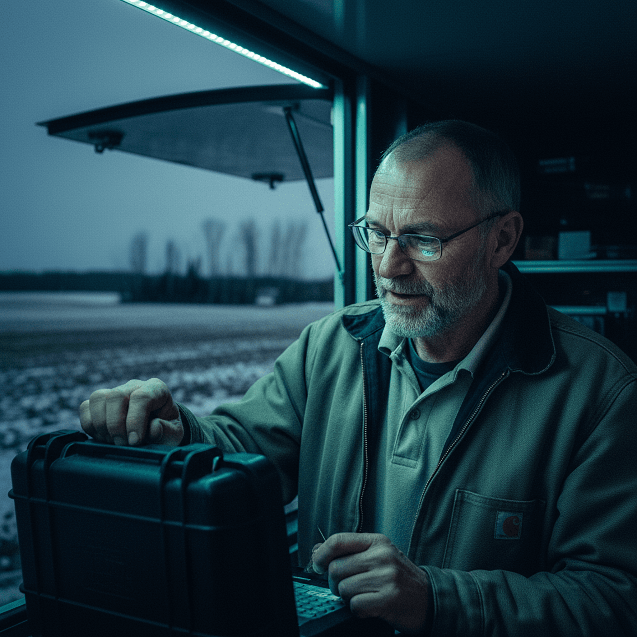 A rural fiber operator standing in front of a splice trailer at dusk