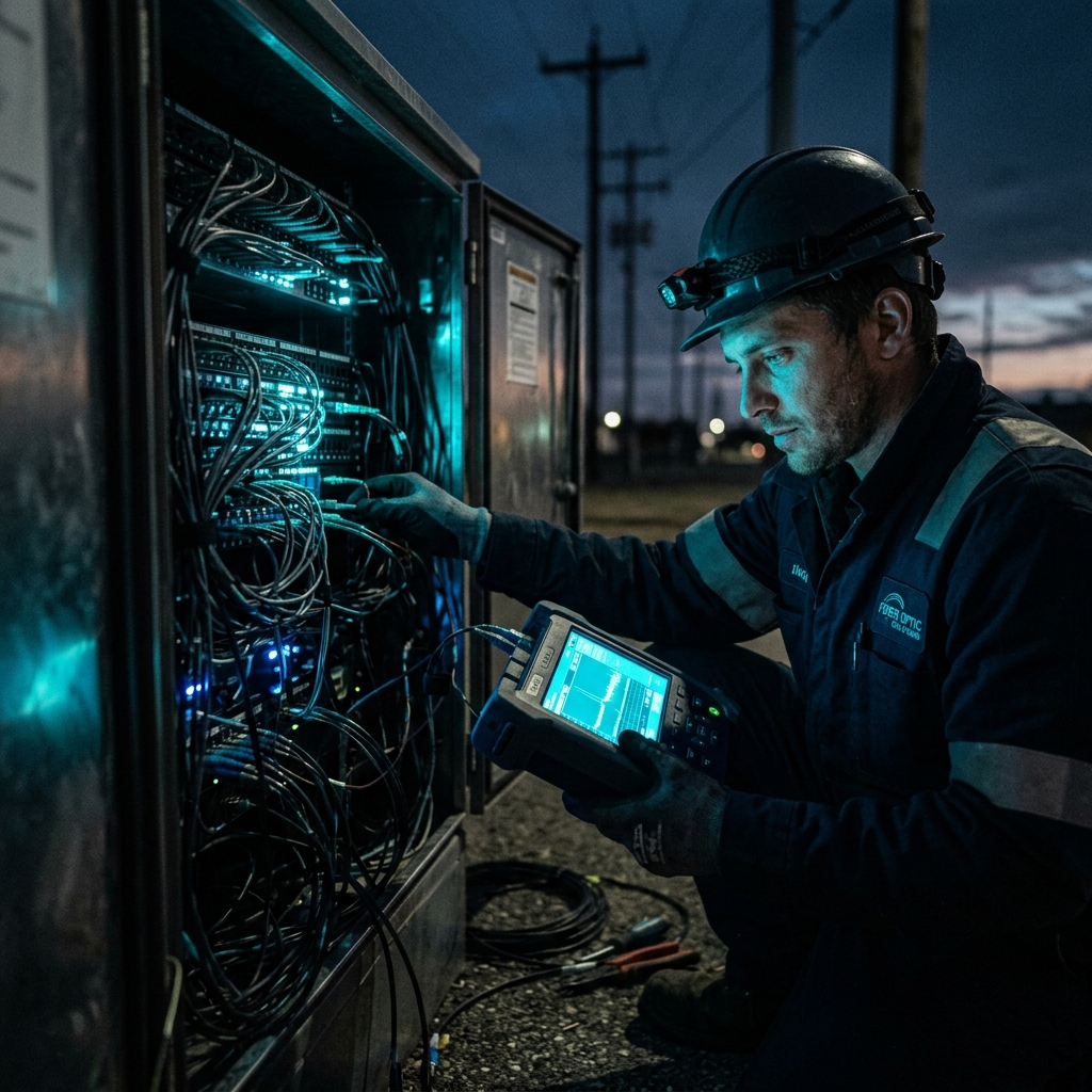 Fiber optic technician checking a handheld OTDR at dawn, cyan lights reflected on his face