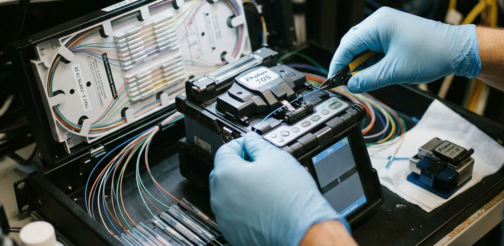Close-up of a fiber optic technician's gloved hands operating a fusion splicer