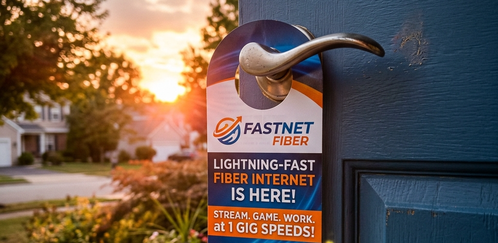 Fiber internet door hanger on a suburban blue front door at sunset