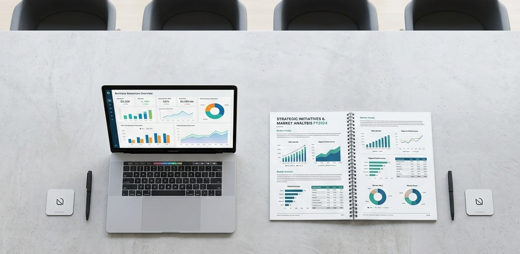 Top-down view of a minimalist conference table with a laptop showing dashboards and a printed strategic report