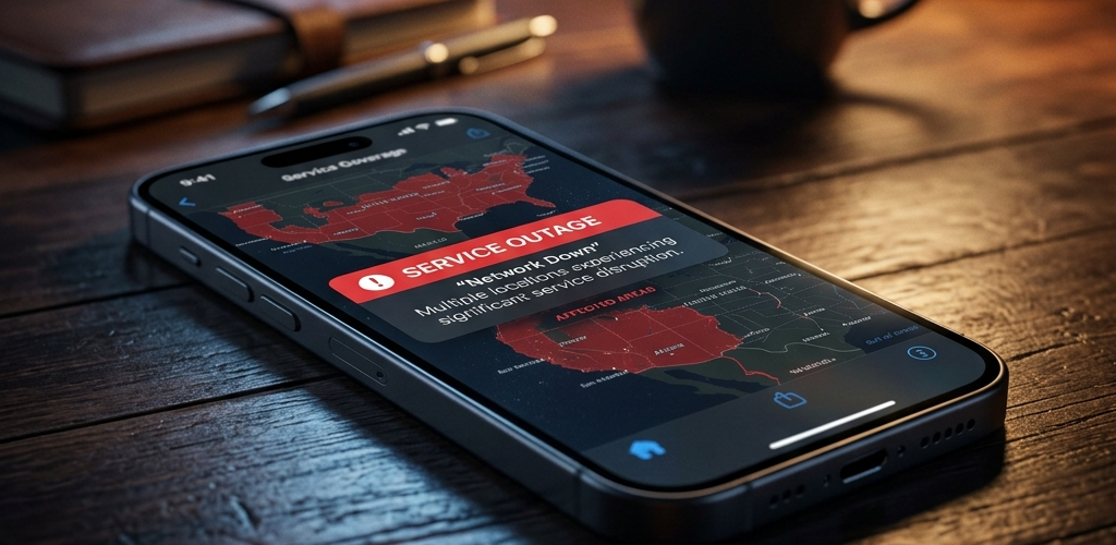 Phone on a dark desk showing a service outage notification next to a steaming coffee mug