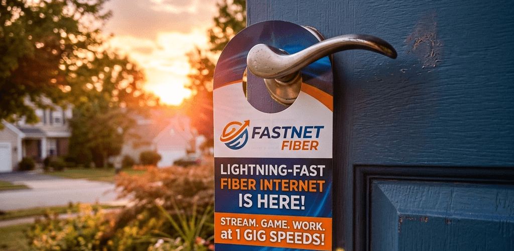 Fiber internet door hanger on a suburban blue front door at sunset