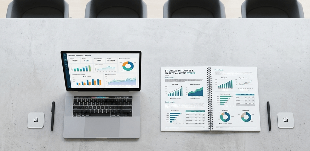 Top-down view of a minimalist conference table with a laptop showing dashboards and a printed strategic report